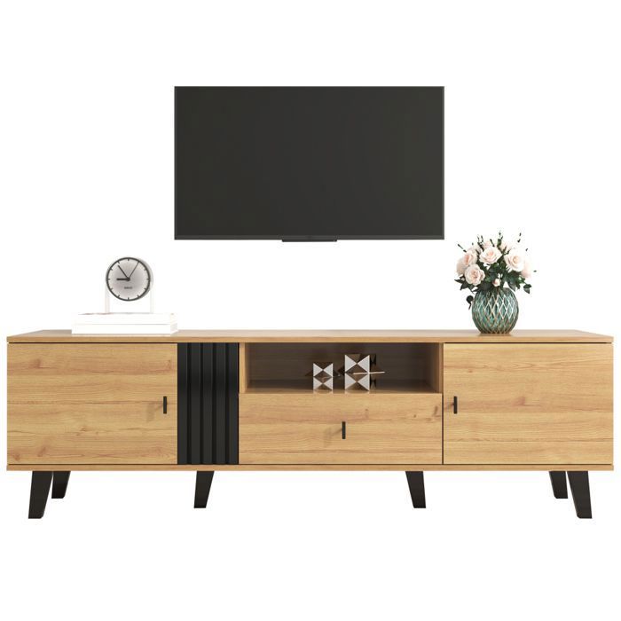 Meuble TV 170 cm avec Rangements Effet Bois Naturel & Noir Banc TV Moderne avec 2 Portes Tiroir et Niches de Rangement