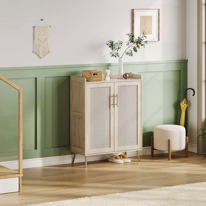 Commode à chaussures 5 niveaux – Portes en rotin étagères réglables – Idéale pour entrée ou chambre – 79x35x103 cm – Bois