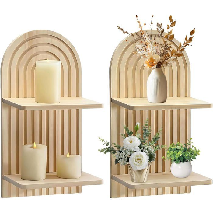 2pcs Étagères murales en bois arc en ciel bohème - 4 étagères flottantes Style bohème - Salon chambre bureau
