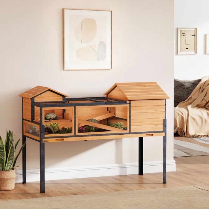 Maison pour tortue – enclos pour petits animaux – 2 niveaux – rampes – fenêtres – bois et métal – jaune