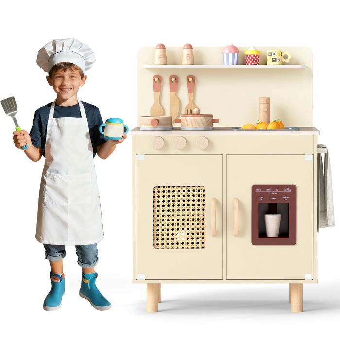 Cuisine Enfant en Bois - COSTWAY - Distributeur de Glace 11 Accessoires Rangements Jeu Imitation Cadeau Idéal 3 Ans+ Jaune