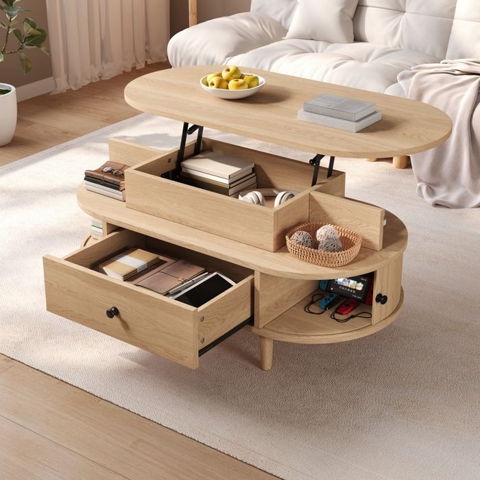 Table Basse Ovale Relevable Hydraulique 105 cm Rangement Caché Étagères Tiroir Portes Coulissantes Pieds Bois Hévéa Nature