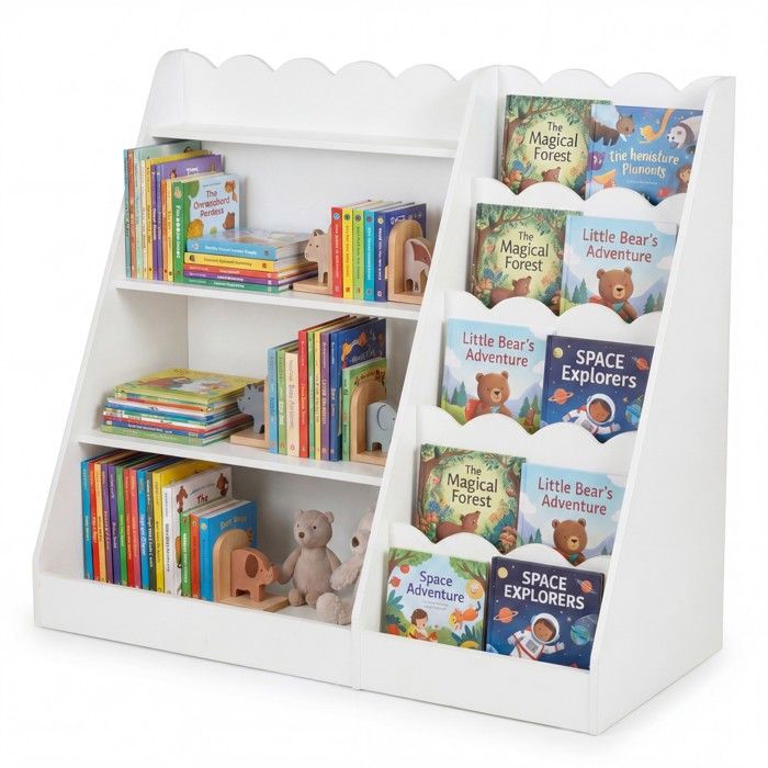 Bibliothèque Enfant GIANTEX Étagère à Livres 5 Niveaux Ondulés avec 4 Compartiments Kit Anti-Basculement pour Salle de Jeux-Blanc