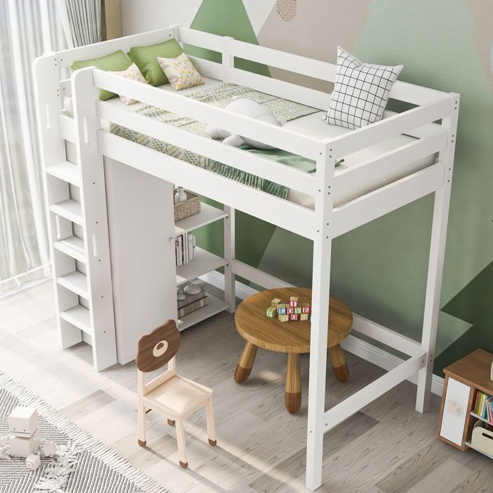 Lit mezzanine enfant 90 x 200 cm avec armoire et 6 étagères blanc