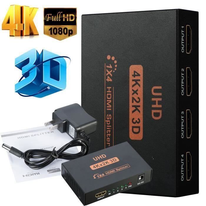 Splitter HDMI 1 entrée vers 4 Sorties 4K Full HD 3D 1080P Répartiteur HD  Commutateur 4K * 2K EU Plug Noir