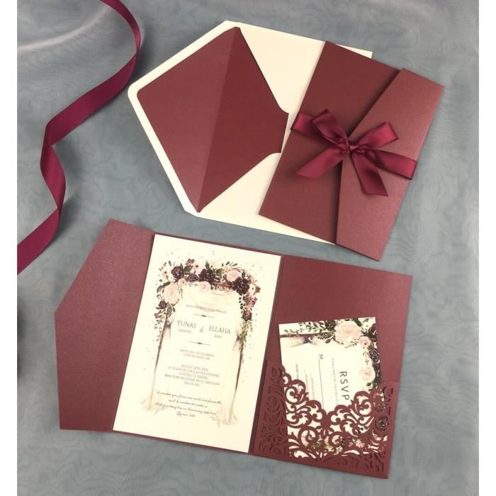 10 Cartes Invitation Mariage Florales Laser - Avec Enveloppes Et Ruban | Rose
