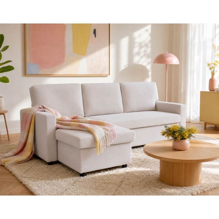 Meiya - canapé dangle réversible 4 places convertible avec coffre en tissu - Beige