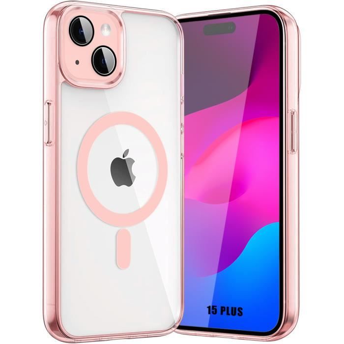 Coque pour iPhone 15 Plus avec Cercle Magnétique, Coque Rigide Antichoc  Contour Rose + Protection Caméra Verre Trempé