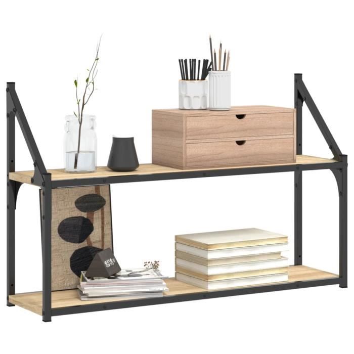 Support D'imprimante 2 Niveaux Chêne Sonoma - Dimensions 44x26x31.5 Cm - Bois Et Métal - Pour Bureau Organisé