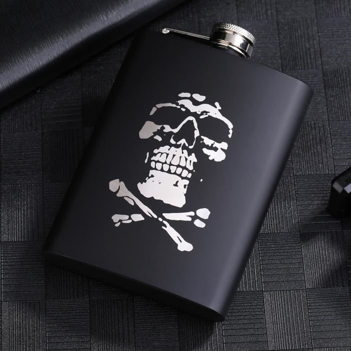 Flasque En Acier Inoxydable Noir | Capacité 226,8 G (environ 236 Ml) | Bouchon à Vis | Design Crâne | Pour Whisky, Spiritueux | Voyage, Camping