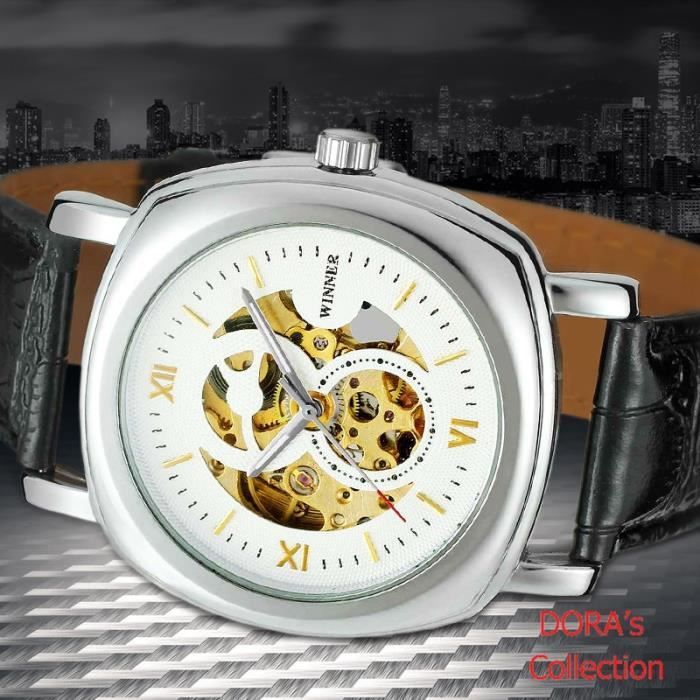 Montre Squelette Mécanique Steampunk - Boîtier Plaqué Or 40mm - Bracelet Cuir Marron - Neuf Avec étiquette