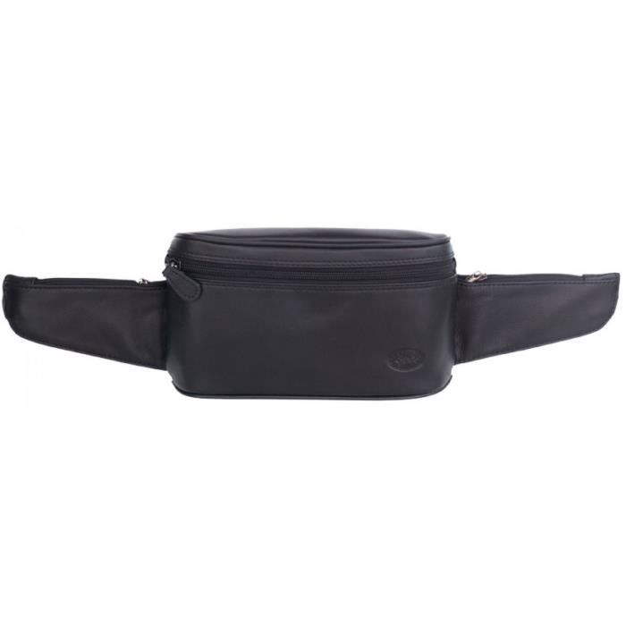 Sac banane - FRANCINEL - Cuir de vachette noir - 2 compartiments - 2 poches zippées - Ceinture