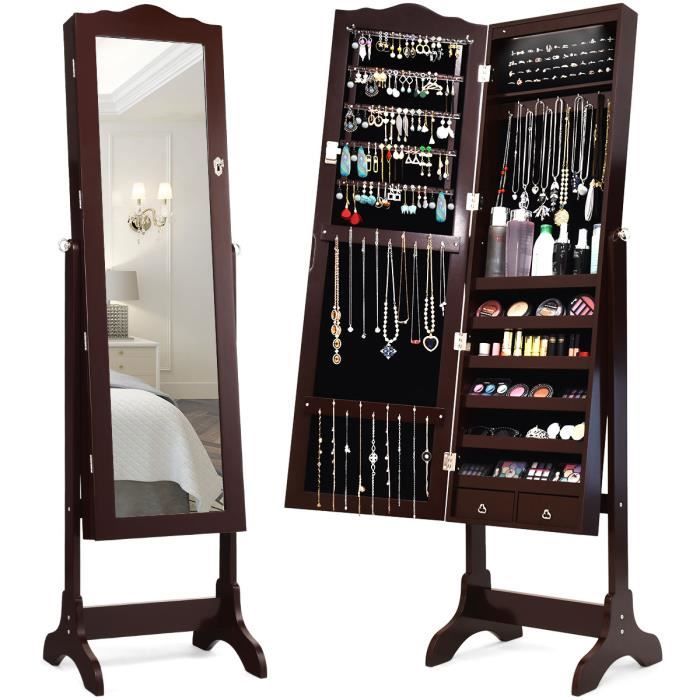 GIANTEX Armoire à Bijoux sur Pied avec Lumières LED et Miroir Réglable Porte Verrouillable avec Clé 160 x 415 x 37CM