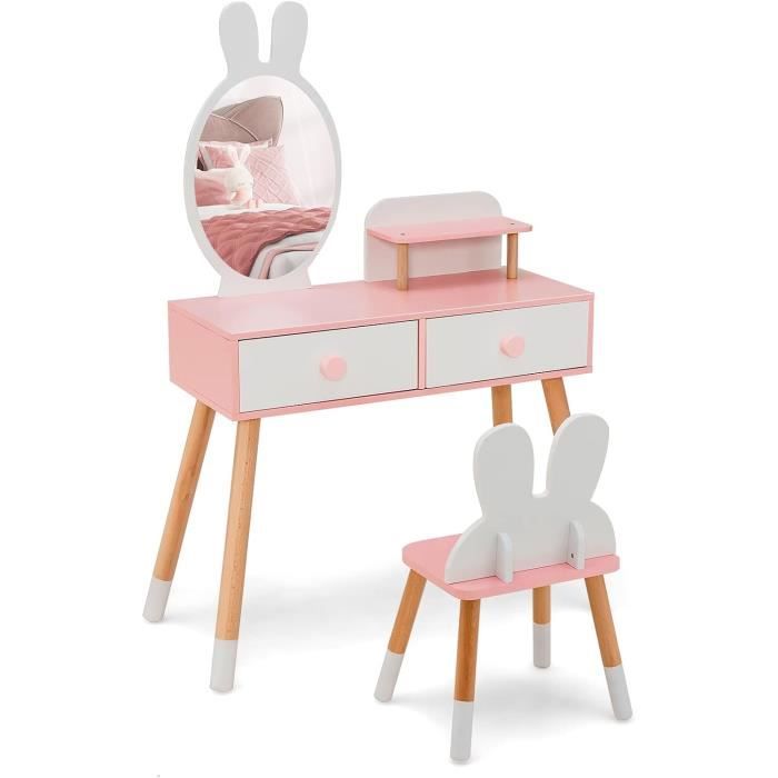 GOPLUS 2 En 1 Coiffeuse Enfants Avec Tabouret Et Miroir Détachable à 3
