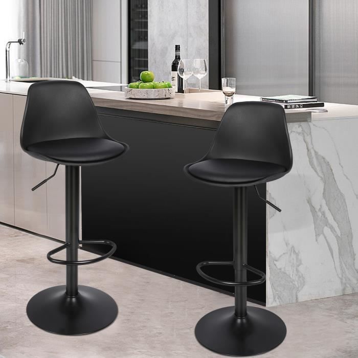 Tabouret de bar noir pur avec dossier design - HUOLE - Moderne - Scandinave - Intérieur - Lot de 2