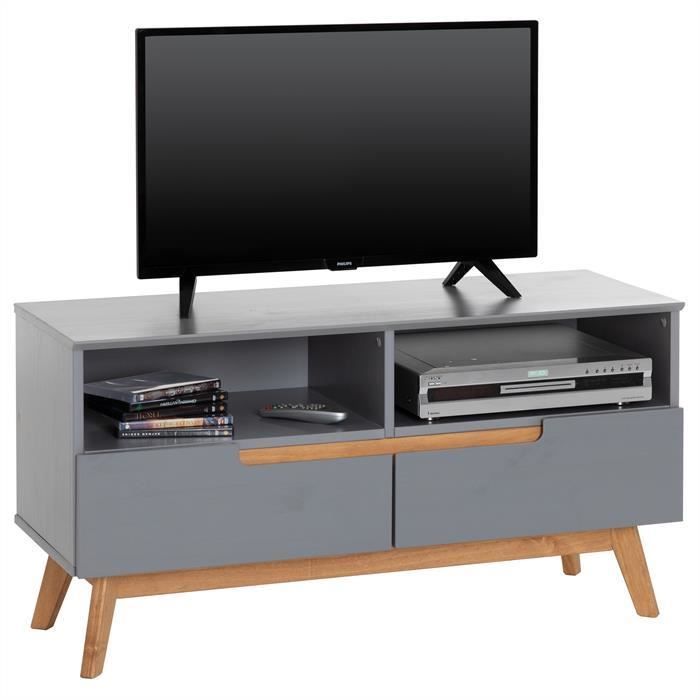 Meuble Tv Tibor Banc Tele De 109 Cm Au Style Scandinave Design Vintage Nordique Avec 2 Tiroirs Et 2 Niches En Pin Massif Lasure Gris Achat Vente Meuble Tv Meuble