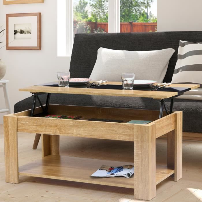 Table Basse Contemporaine Tao Plateau Relevable Bois Noir Et