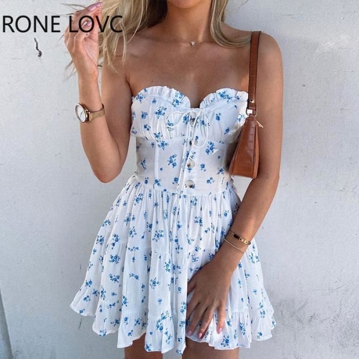 Robe WHITE Mini robe a volants avec des imprimes de fleurs COTTON POLYESTER Sans bretelles
