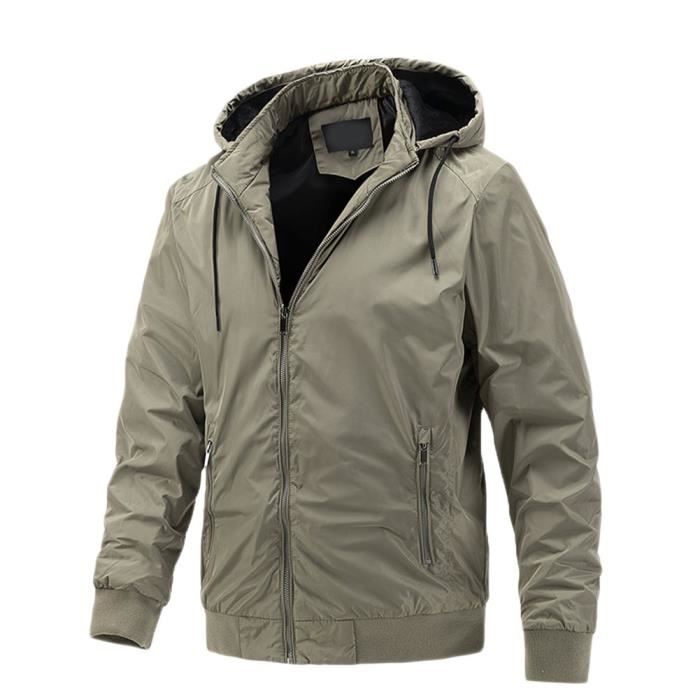 Homme Blouson etanche Couleur Unie Amovible Capuche Pluie Zippe Manches Longues Courte Blouson Legere Respirante Blouson Kaki Cdiscount Sport