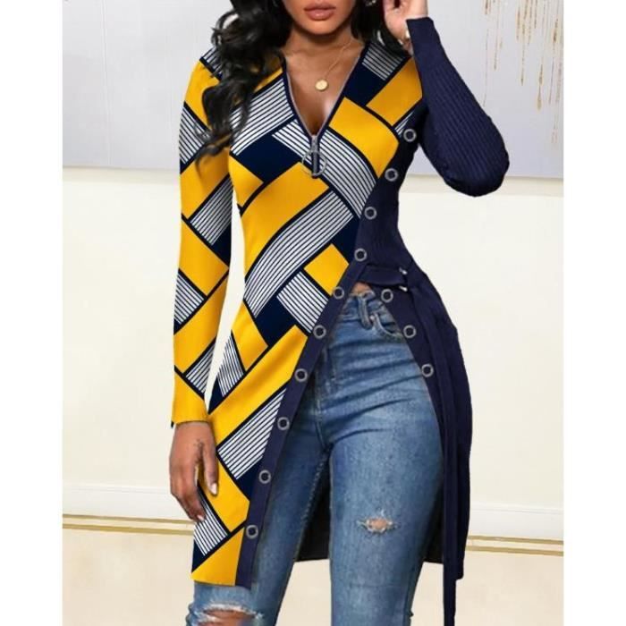 Femme T shirt Slim Impression Manches longues Col en V Fente haute