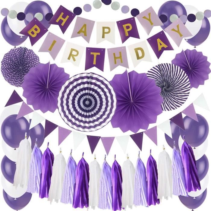 Zerodeco Décorations Anniversaire, Anniversaire Bannière Décoration Fête 43pcs en Happy Birthday Banderole, Pom Poms, Banderole en Triangle, Guirlandes, Suspendus Tourbillons et Ballons - Violet
