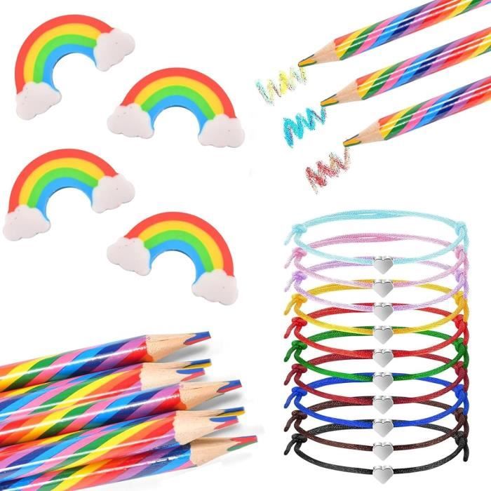 30 Pièces Ensemble Rainbow – 10 Crayons 4-en-1, 10 Gommes, 10 Bracelets Cœur Réglables – Art Et Créativité