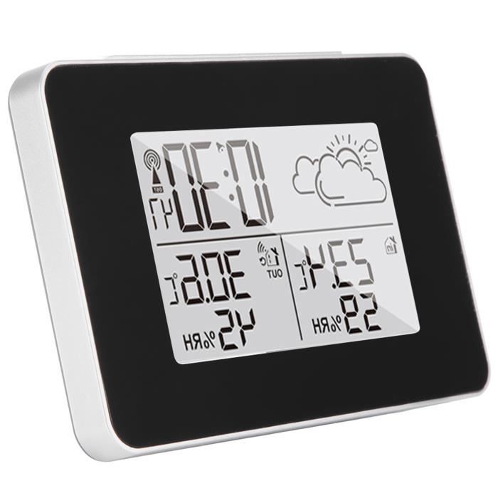 Station météo sans fil avec réveil, thermomètre intérieur et extérieur, taux d'humidité, date, prévisions météo numérique LCD de bureau (couleur : noir Station météo sans fil avec réveil, thermomètre intérieur et extérieur, taux d'humidité, date, prévisions météo numérique LCD de bureau (couleur : noir