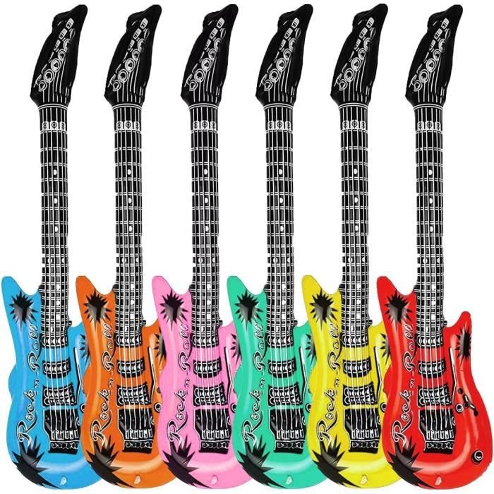 Lot De 6 Guitares Gonflables 100 Cm – Couleurs Variées – PVC Épais – Accessoire Fête Rockstar – Carnaval, Anniversaire, Photo