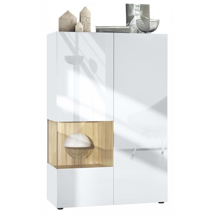 Vladon Vitrine Morena V2 avec 2 portes et insert en verre blanc mat - blanc haute brillance - chêne nature
