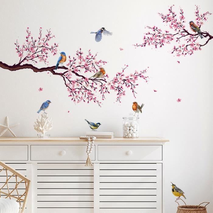 Stickers Muraux Fleurs de Cerisier Rose Autocollant Mural Vigne Fleur  Branche Oiseaux Décoration Murale Chambre Salon Fenetre - Cdiscount Maison