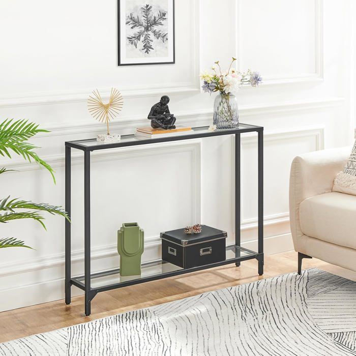 HOOBRO Table Console En Verre Trempé 100cm - Meuble Entrée Minimaliste Noir Et Transparent