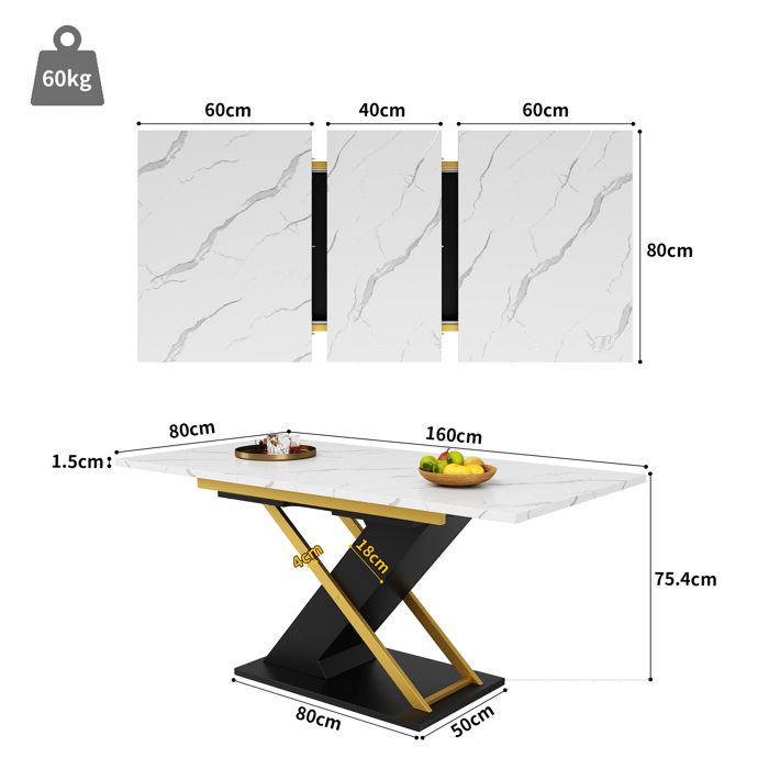 Table à manger extensible 4 à 6 couverts - L 120/160 x l 80 x H 75 cm - Bois MDF et métal - Naturel