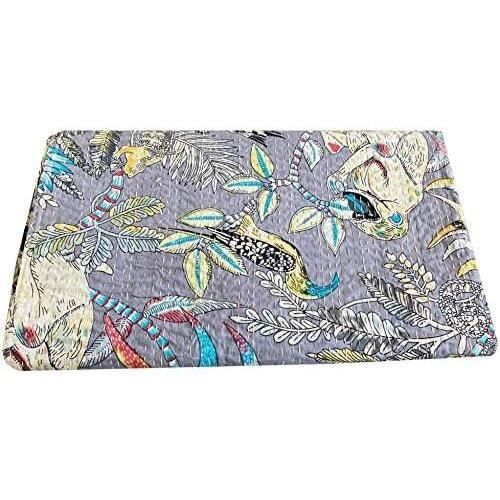 Couverture Kantha En Coton Fait Main Motif Floral Hippie Bohème - Grand Lit 274,3 X 274,3 Cm Marron Foncé