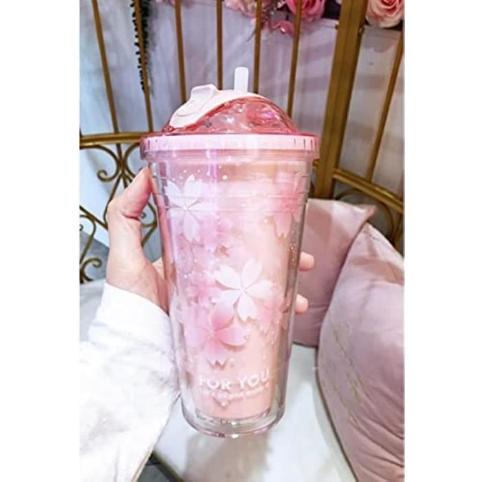 Verres à Matcha Avec Couvercle Et Paille – Lot De 2, 400 Ml, Verre Borosilicate, Motif Fleurs Rose