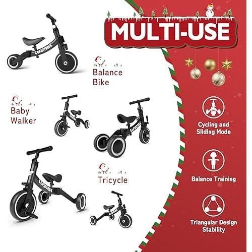 Tricycle Enfant 5 En 1 1-3 Ans - Vélo D'équilibre, Poussette, Siège Réglable, Pédales Amovibles (Noir)