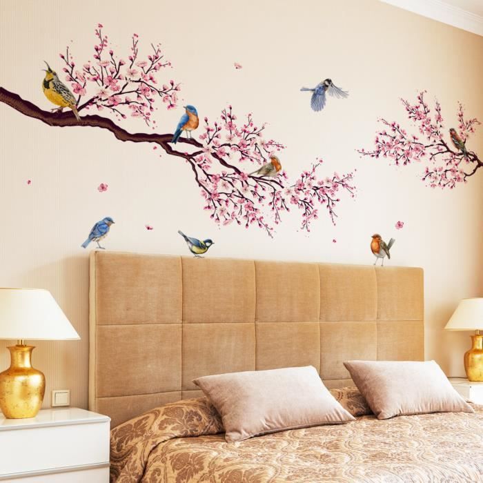 decalmile Stickers Muraux Fleurs de Cerisier Rose Arbre Autocollant Murale  Oiseaux et Branche Décoration Murale Chambre à Coucher Salon Cuisine  (H:100cm) : : Bricolage