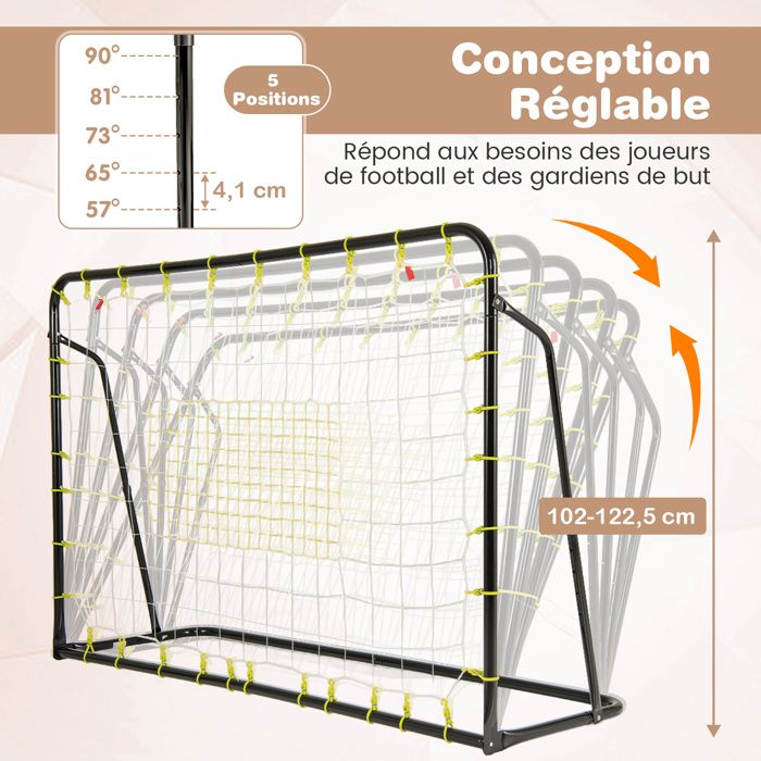 Filet De Rebond Football Double Face 120x120x106 Cm – Angle Réglable, Cadre En Fer Costaud, Pliable Pour Jardin Et Terrain