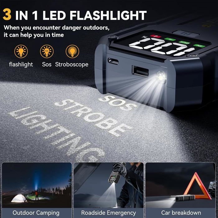 Acmount 6000A Booster Batterie Voiture, Booster Batterie Voiture avec Gonfleur 150PSI, Demarreur Batterie (Jusqu'à 10.0L Diesel ou All Gaz) 12V Démarreur LED 3 Mode