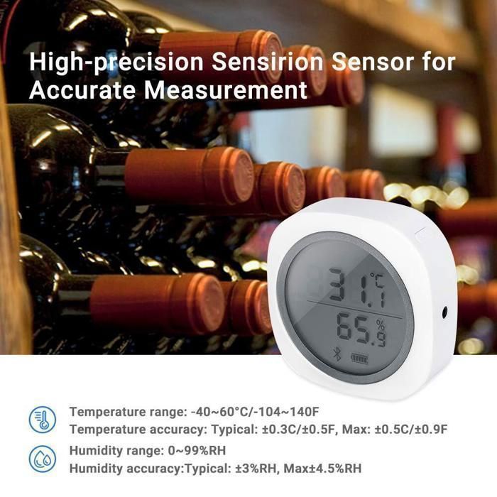Thermomètre Hygromètre Intelligent Avec écran LED - Connecté Wi-Fi (Tuya), Affichage Température/humidité, Alarmes, Calendrier - Blanc