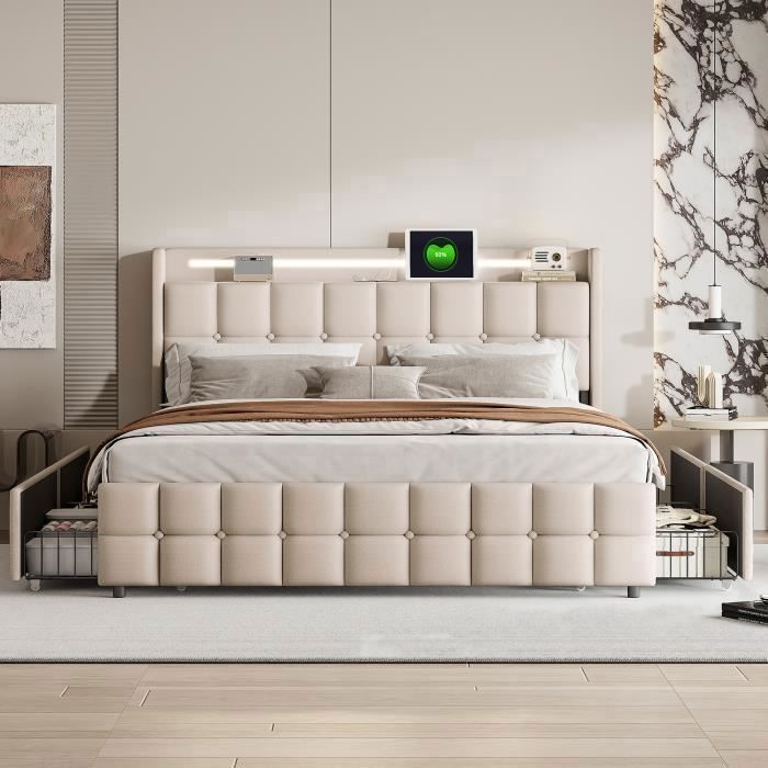 Lit double capitonné 180x200 avec tête de lit Led et chargeur USB C + 4 tiroirs, gris (sans matelas) | Leroy Merlin