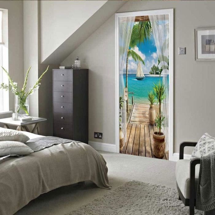 Sticker Porte 3D Pierres Zen Sable Vagues 90x200cm - Décoration Murale Amovible Porte Vue 200 Vues