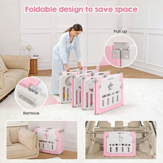 Baroni Toys Clôture Modulaire pour Enfants avec 15 Panneaux en Plastique, Boîte pour Bébé pour Intérieur et Extérieur, Forme Adaptable, 150 x 150 cm, Panda Rose