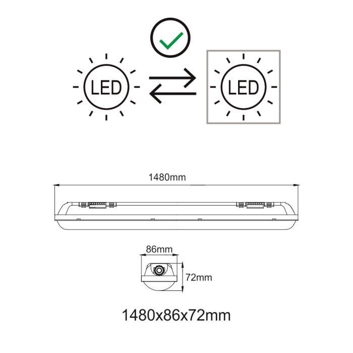 Réglette LED étanche avec 2 tubes 2x24W 150cm grise