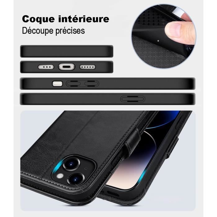 JETech Coque Portefeuille IPhone 15 6.1" Magnétique Cuir PU - Étui Rabat Porte-Cartes Support Antichoc Caméra Protégée
