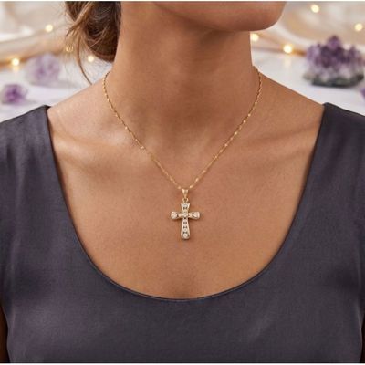 Collier Pendentif Croix Catholique - Cristal Et Zirconium - Plaqué Or Jaune 750 - Longueur 46-50 Cm - Neuf Avec étiquettes