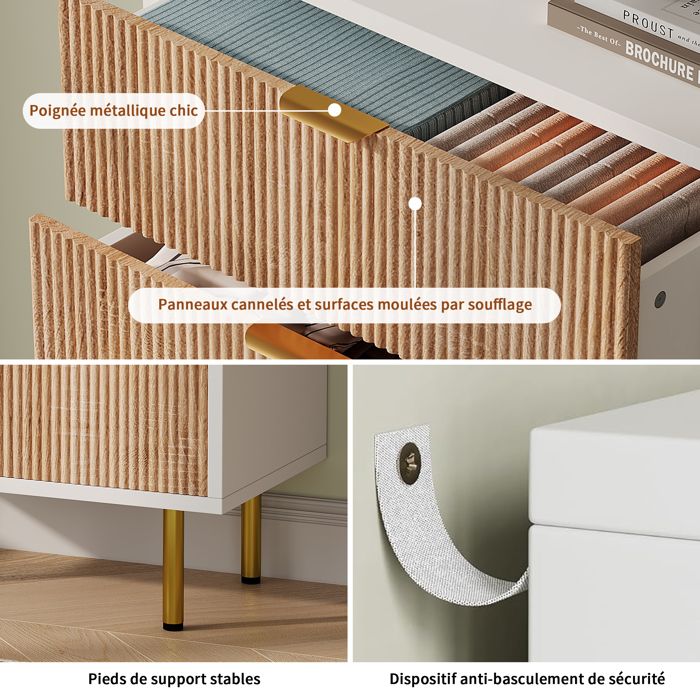 Commode moderne 5 tiroirs,structure blanche et bois naturel, poignées ...