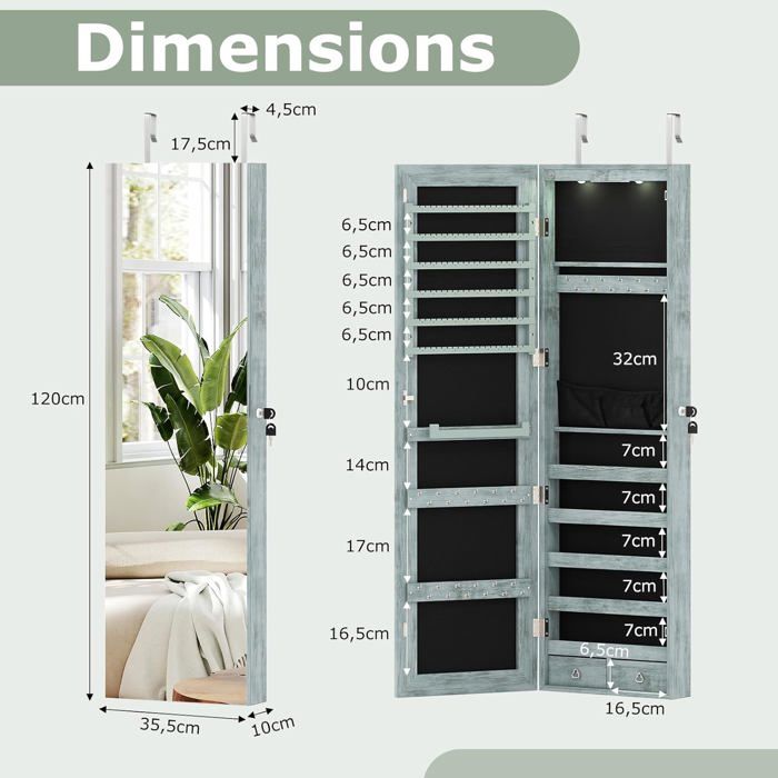 Armoire à Bijoux, Avec Miroir Pleine Longueur Et Miroir De Maquillage Interieur Cintres Reglables Verrou Pour Chambre Blanc 94908313