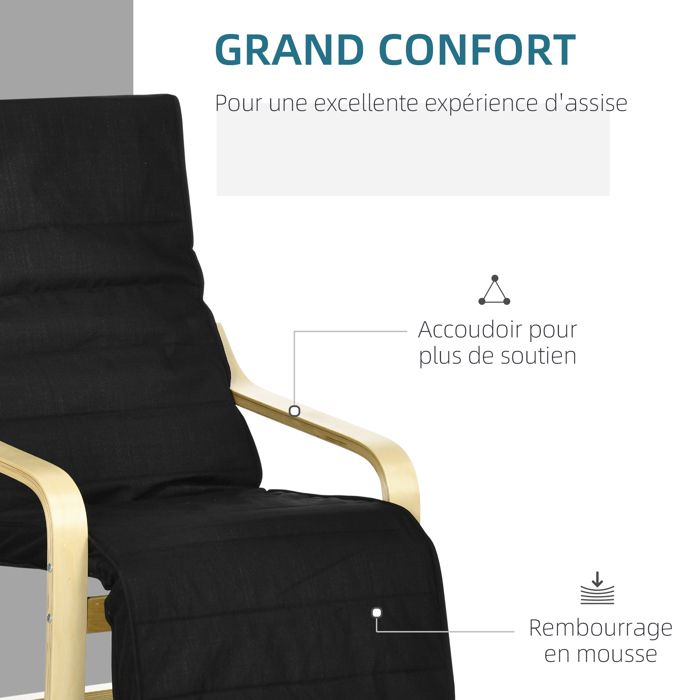 HOMCOM Fauteuil Relax Gris en Bois Massif avec Repose-Pied Réglable
