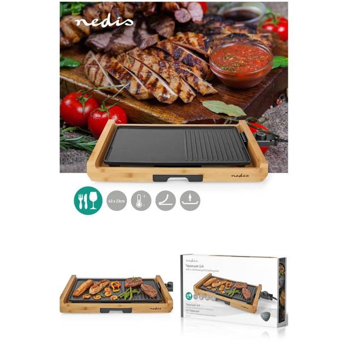 Plancha grill électrique en aluminium Bois bambou 1800 W 43 X 23