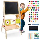 MAMABRUM Tableau Enfant en Bois 98x45x42cm - 2 Faces - Blanc Magnétique et Noir à craie - Chevalet Enfant avec Montre, Alphabet &